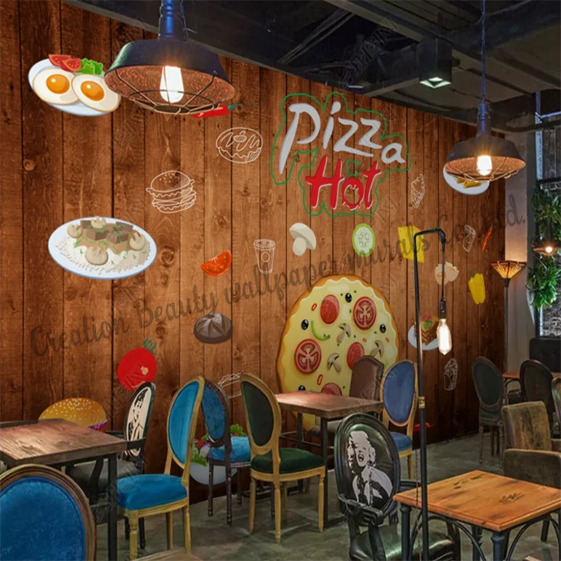 Vintage Wood Plank Pizza Wallpaper Industrial Decoration Mural Fast Food Restaurant Snack Bar Background Wall Paper Papel Tapiz