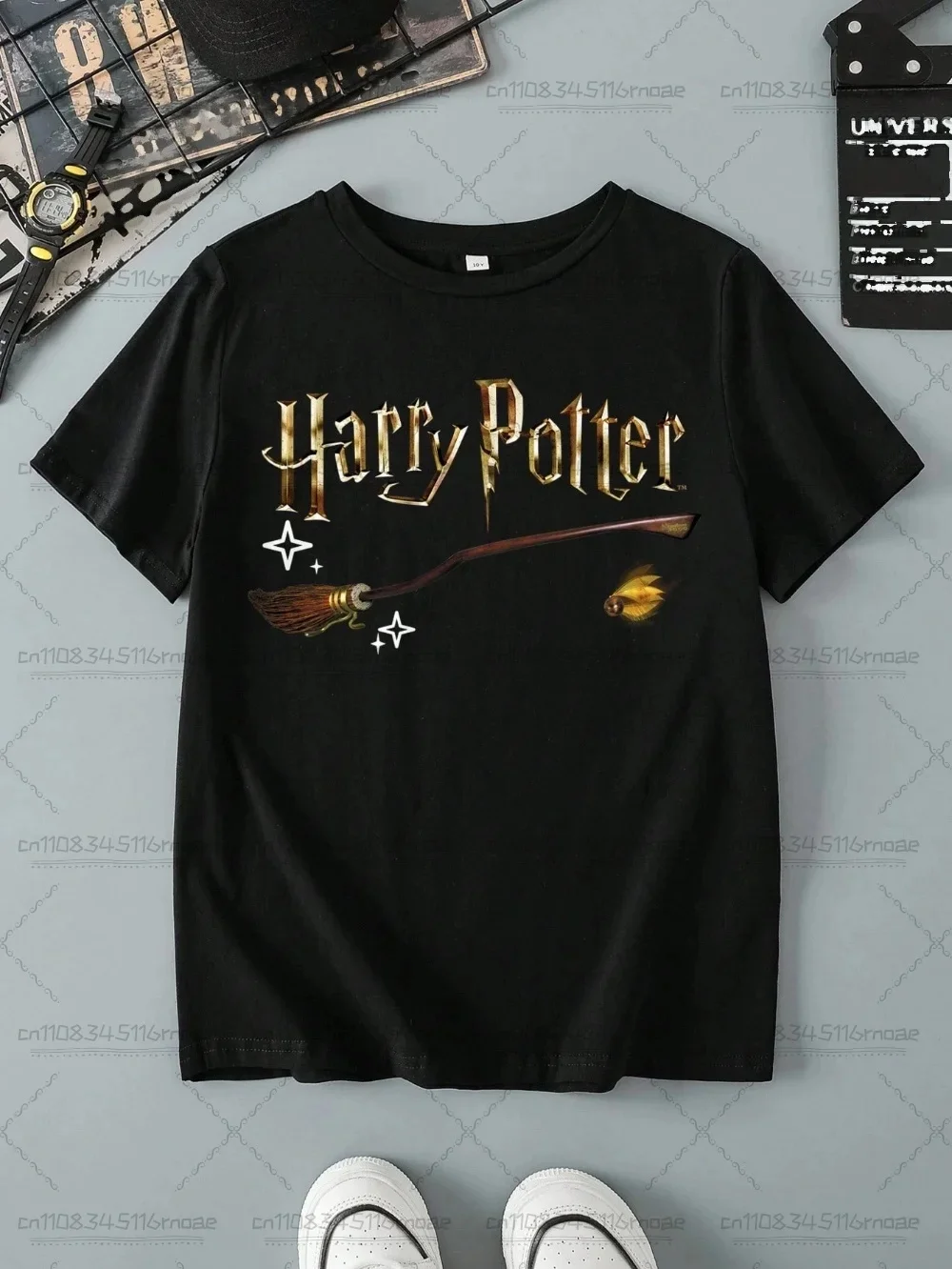 T-shirt imprimé Harry Potter Magic Broom and Golden Snitch pour enfants, adultes, enfants, manches courtes décontractées, t-shirt noir