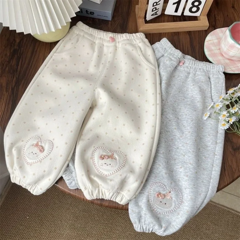 

Girls' Casual Pants Korean Style Embroidered Love Polka Dot Kids Sweatpants Autumn New Children's Patchwork Jogger Trousers