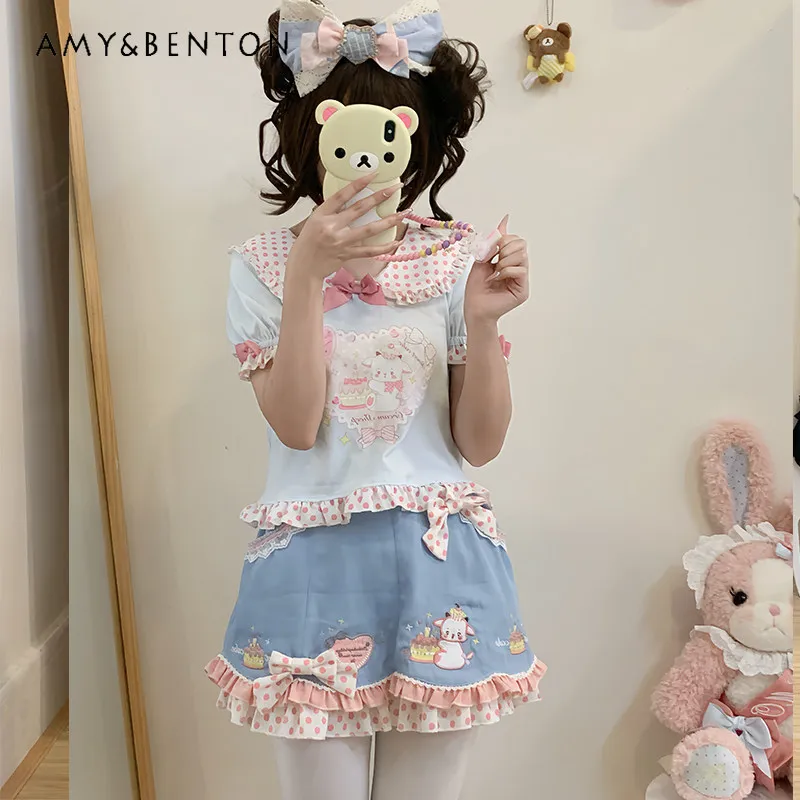 

Summer Japanese Style Sweet Kawaii Cartoon Print Polka Dot Short Sleeve T-shirt Pink Blue Apricot Bow Short Skirt