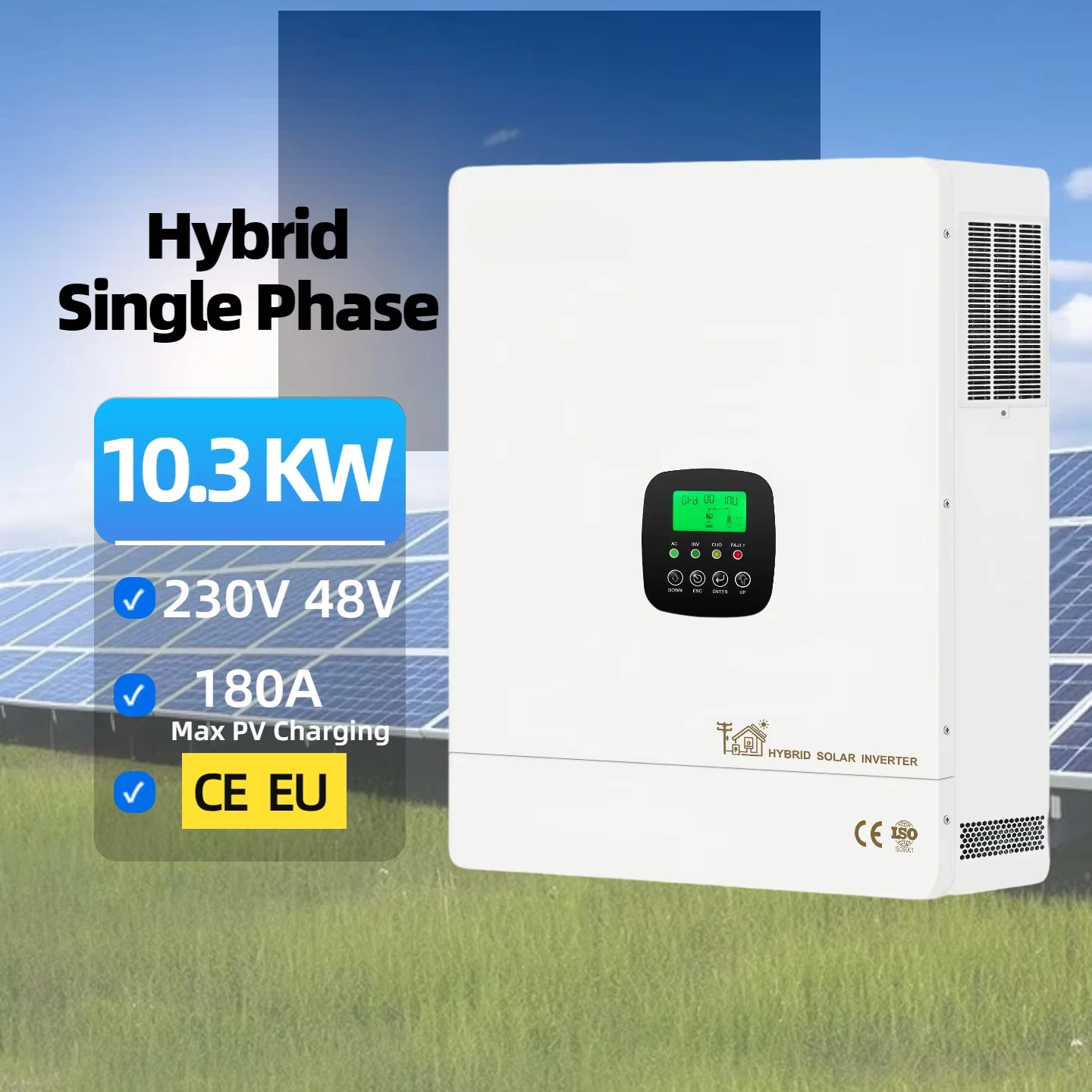 Wholesale 10KW European Union Model CE Hybrid Grid Solar Inverter 230V Single Phase, Wide Range 180A 48Vdc RS485 Wall Mount