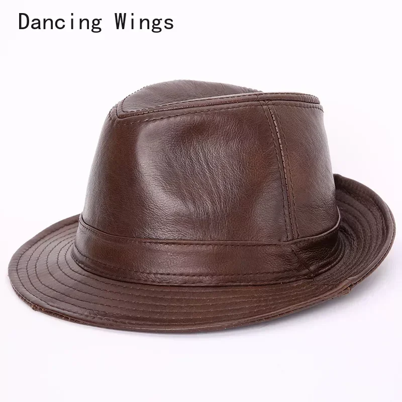 Male 100% Genuine Leather Jazz Hat Adult Fedoras Hat Male Sheepskin Fedoras Cap Men's Wide Brim Leather Cowboy Hat