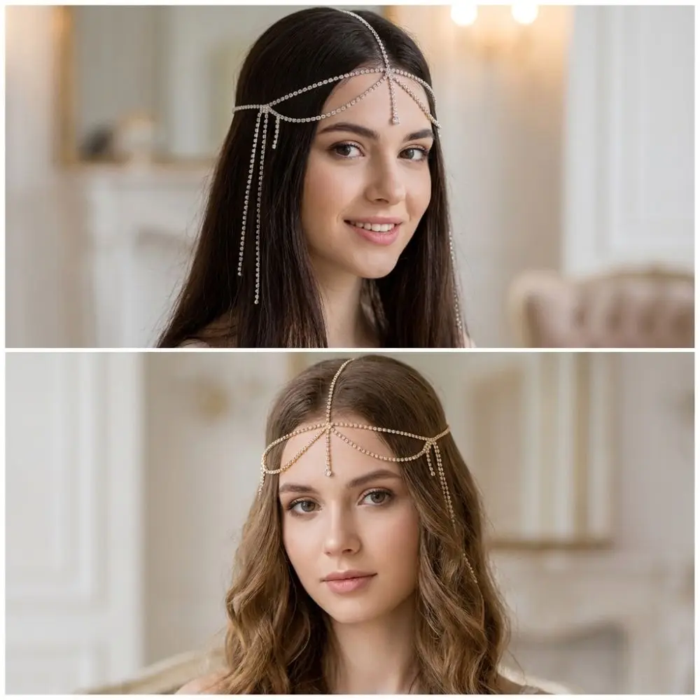 Gold Silver Color Bridal Head Chain Crystal Rhinestone Tassel Multi-Layer Forehead Hair Jewelry Headdress Headwear