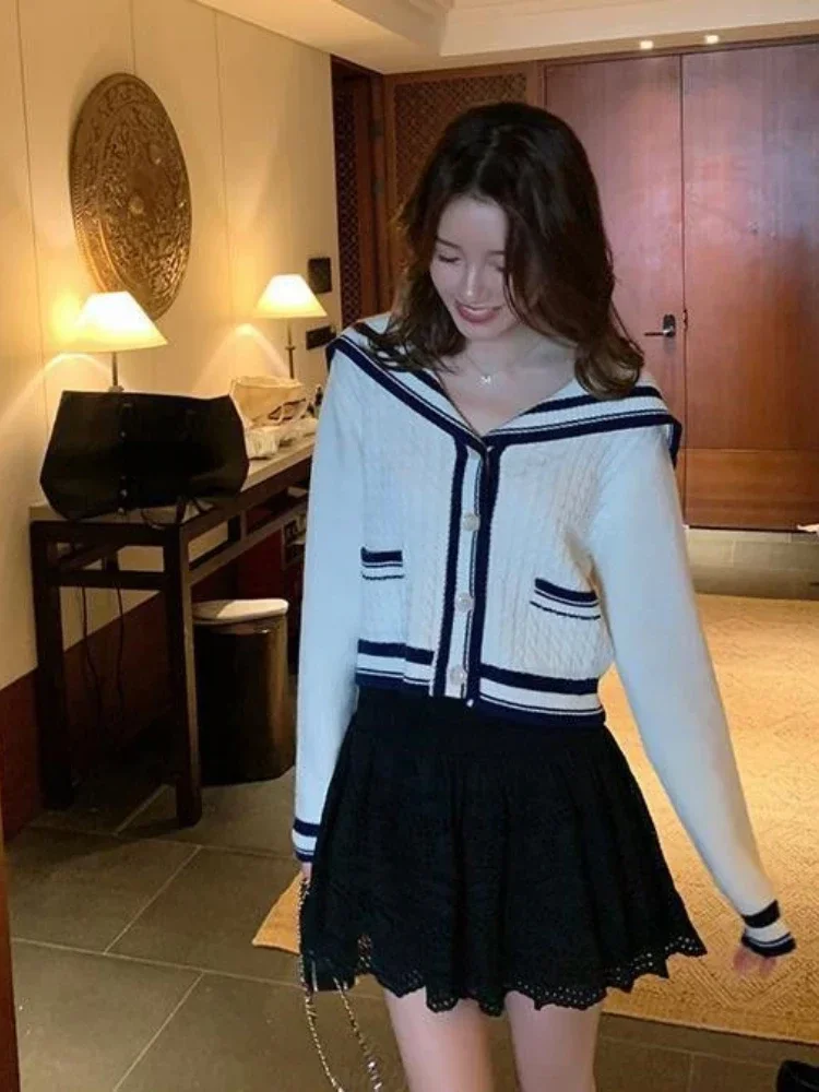 Small Fragrance Cardigan Sailor Collar Long Sleeve Striped Contrast Color Pockets Sweaters Casual Loose All Match Women Clothing