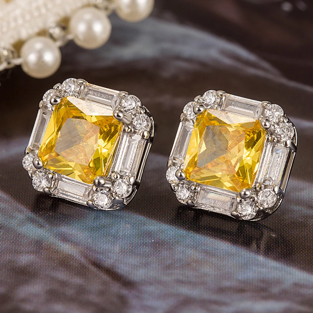 Sterling Silver Color Yellow Gem Square Ear-Sticks Women\'s Earrings Fashion Jewelry