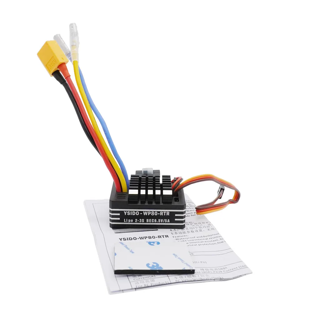 YSIDO RC 80A Szczotkowy ESC Wodoodporny regulator prędkości 2-3S Lipo BEC 6.5V 5A dla 540 550 750 Silnik RC Pojazdy Łódź Czołg Samochód