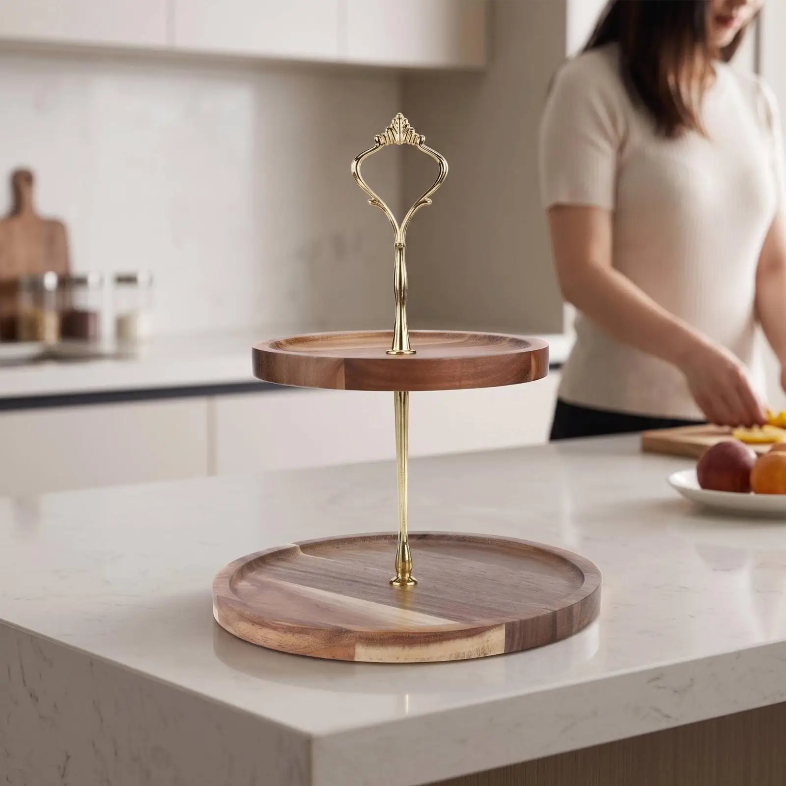 Round Wooden Dessert Display Stand Two Level Pastry Organizer Rustic Buffet Rack for Events