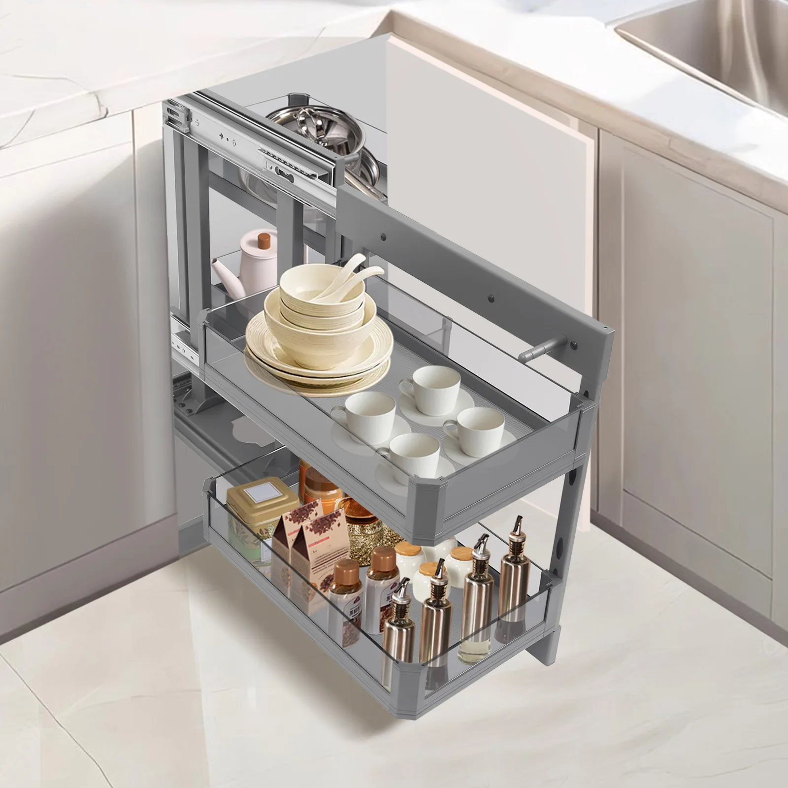 منظم سحب تحت الحوض، منظم خزانة زاوية من طبقتين مع 4 سلال، منظم خزانة المطبخ النحيف وحل التخزين
