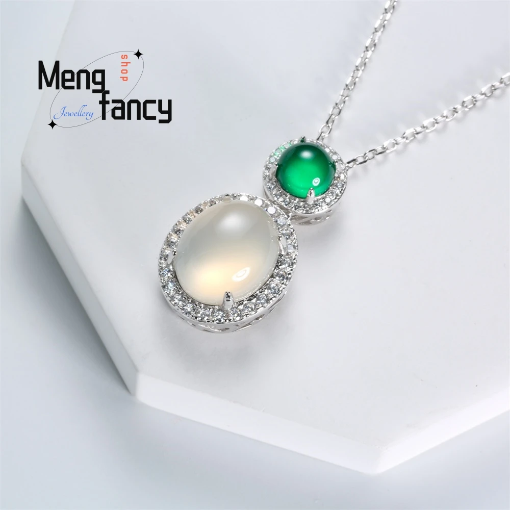 

Natural High-Ice Chalcedony Small Egg Face Pendant Collarbone Chain New Chinese-Style Niche Light Luxury Green White Necklace