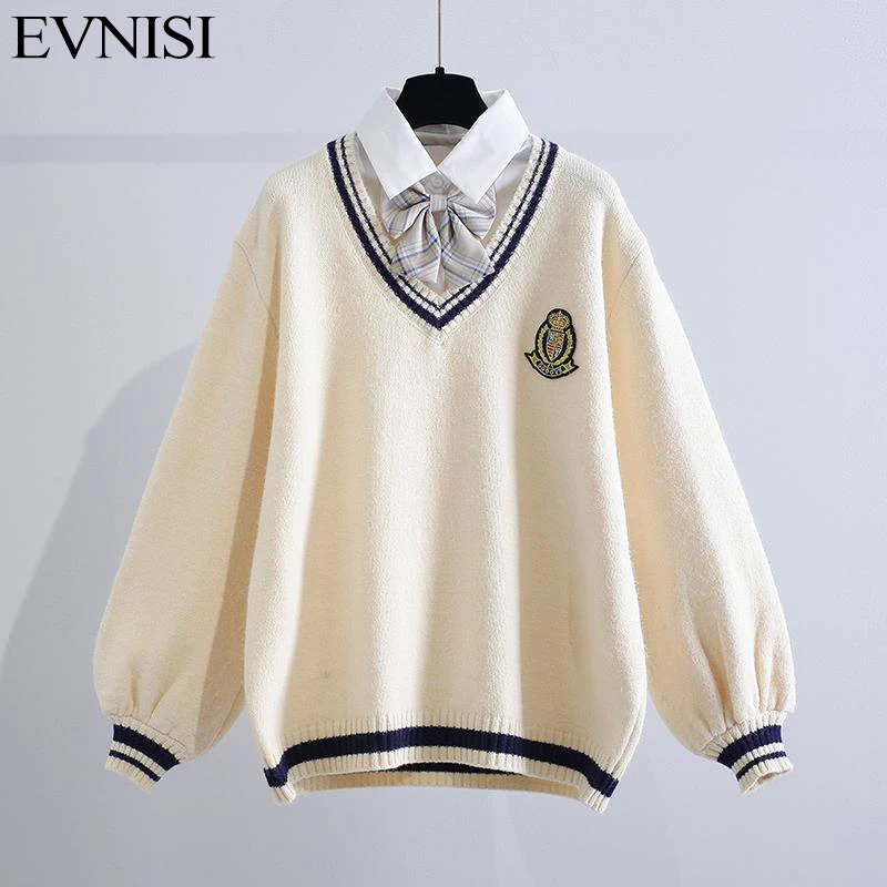 EVNISI Winter Women False Two-Piece Set With Loose Sweater Bowknot Knitted Warm Sweaters Lantern Sleeve Women Pullover Jumpers