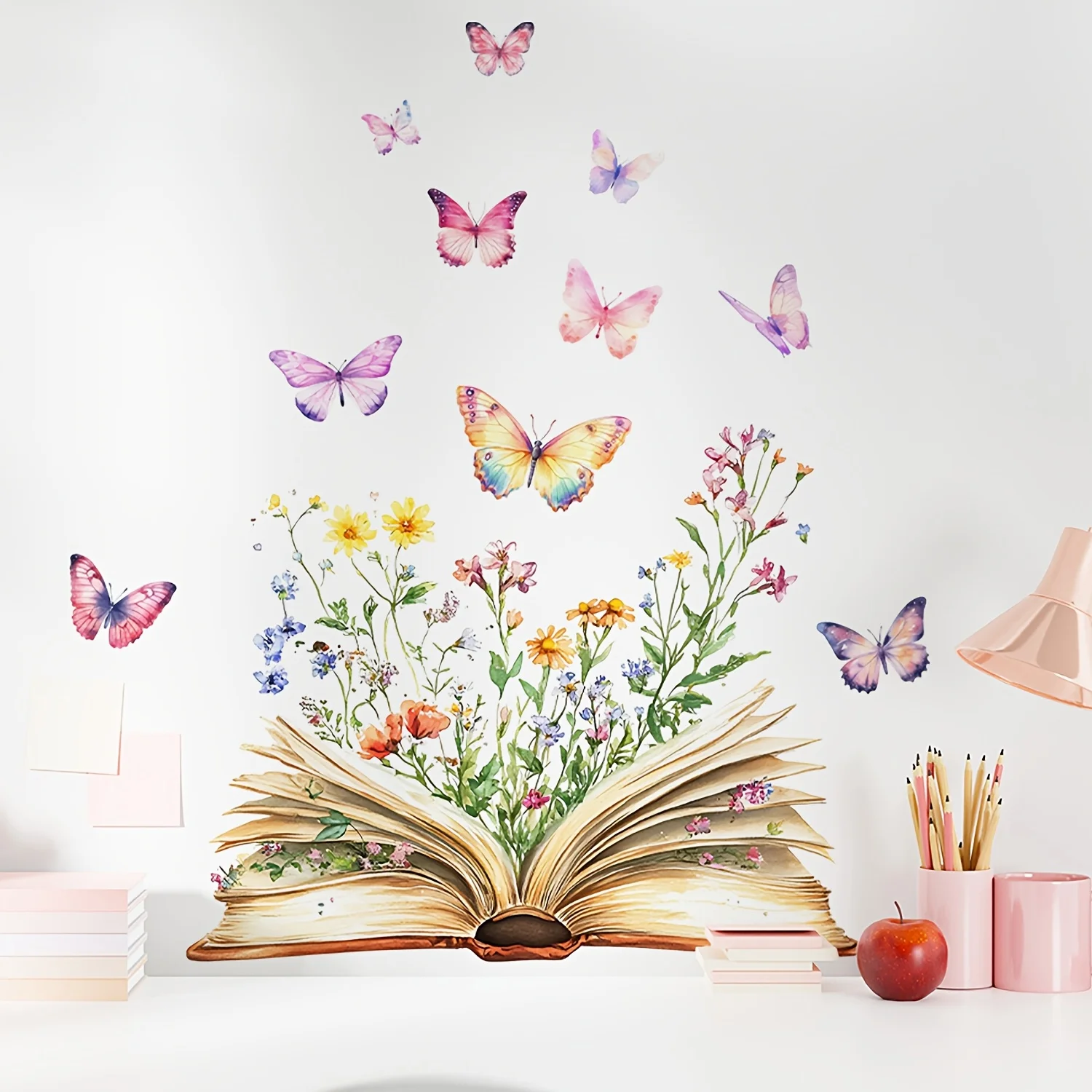 Butterfly Flower Wall Stickers Book Design Self-Adhesive Wall Decals Home Living Room Bedroom Watercolor Peel Stick Mural Decor