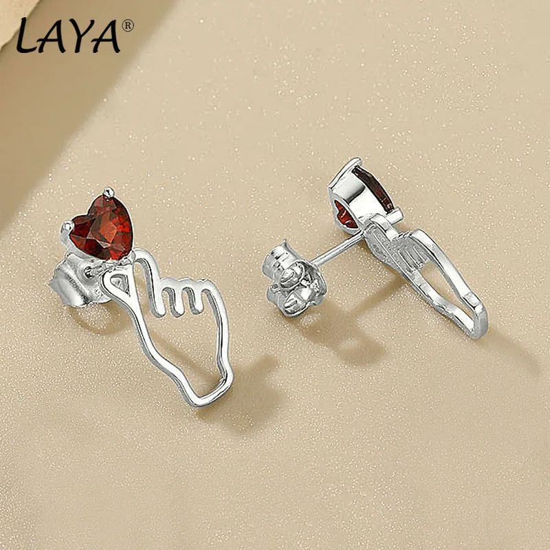 

LAYA925100% Sterling Silver Women's Silver Earrings Red Gemstone Natural Garnet Heart Shape Design Fashion Luxury Jewelry