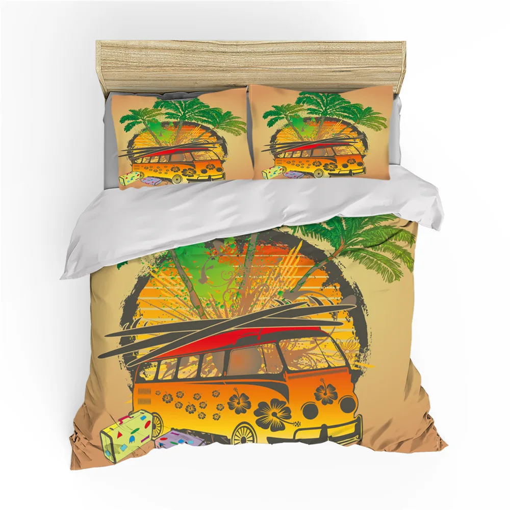 Surf Duvet Cover King/Queen Size,Hippie Classic Old Bus Freedom Holiday Bedding Set Vintage Car Exotic Polyester Quilt Cover