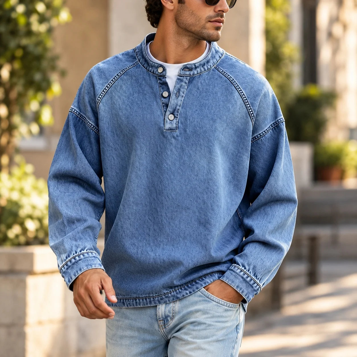Pullover Long Sleeve Fitted Vintage T Shirt with Distressed Henley Neck Round Neck Regular Sleeve Men T Shirt Autumn