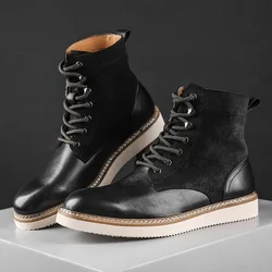 Size 38-45 New Fashion Round Toe Cow Genuine Leather Lace Up Men's Boots Vintage Fashin Male Footwear Leisure Man Shoes Boy A037