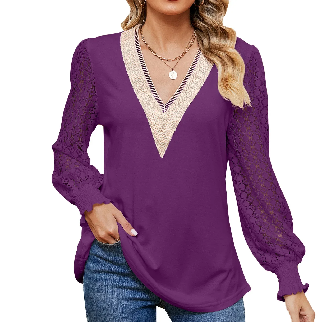 Herfst Dameskleding Mode V-Hals Gesplitst Kanten Shirt Elegant Holle Lange Mouw Losse Blouse Vintage Tops Blusas Mujer 29692