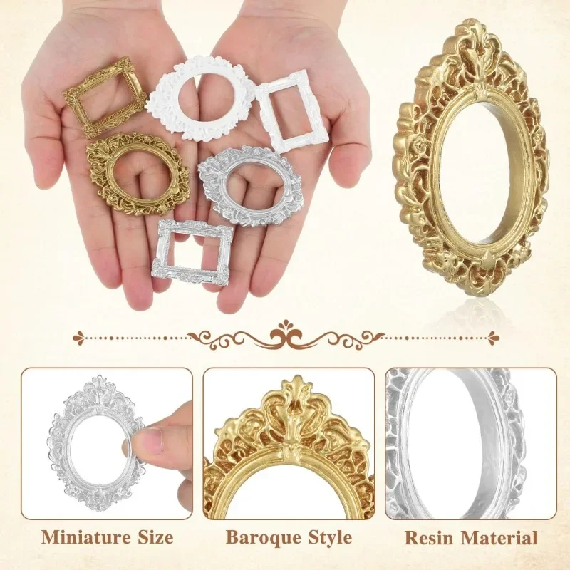 10/30 Stück Mini Vintage Bilderrahmen aus Kunstharz, kleine Bilderrahmen, antike silberne und goldene Rahmen für Puppenhäuser, Ornamente, Wanddekoration – Detail 14