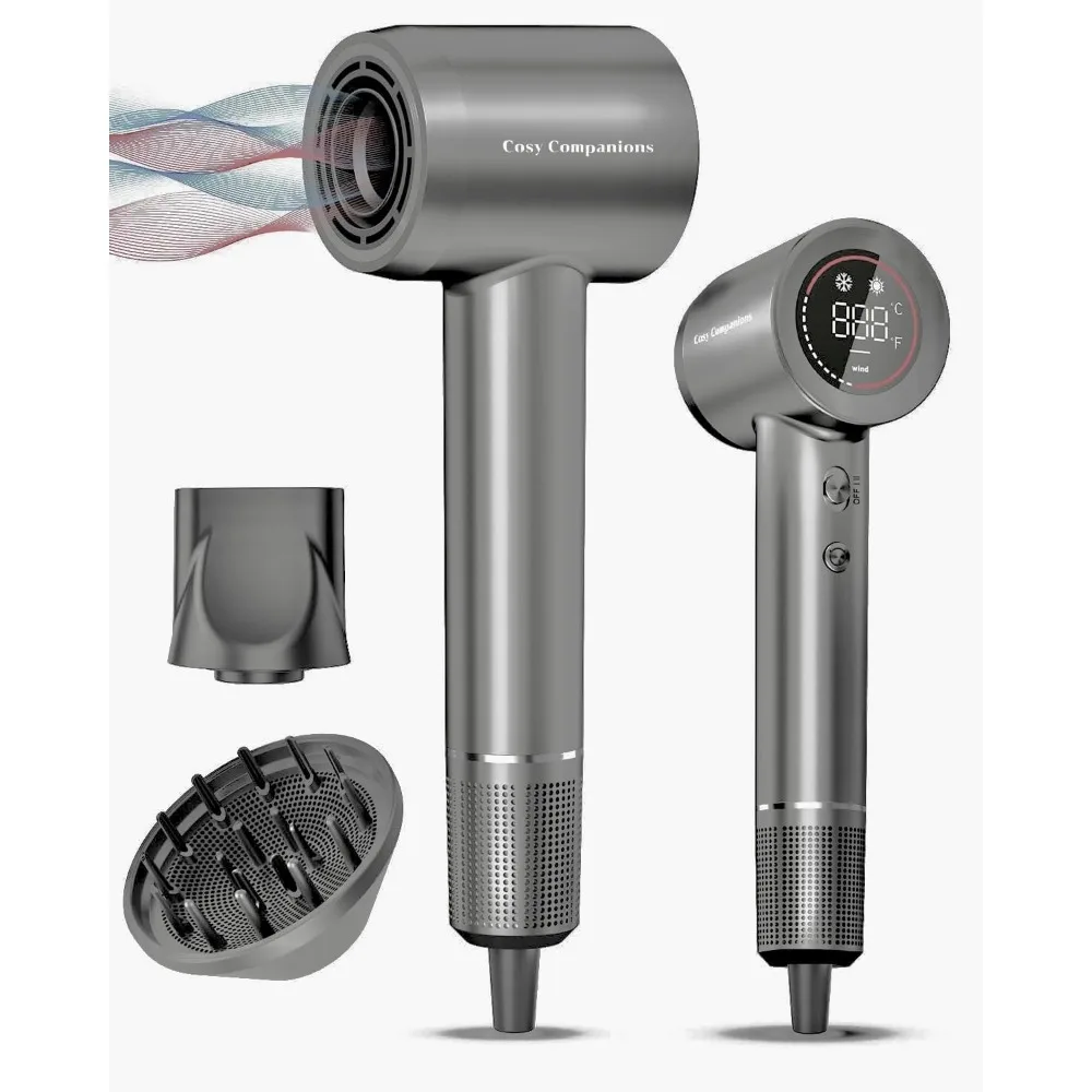 

Hair Dryer with Diffuser and Nozzle, 5 Temps & 2 Speeds, Smoky Grey, Hair Diffusers, 150000 RPM high-speed brushless motor