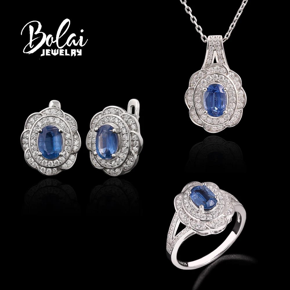 

925 sterling silver flower design ring earrings pendant necklace natural Kyanite fine jewelry set for women's Birthday gift
