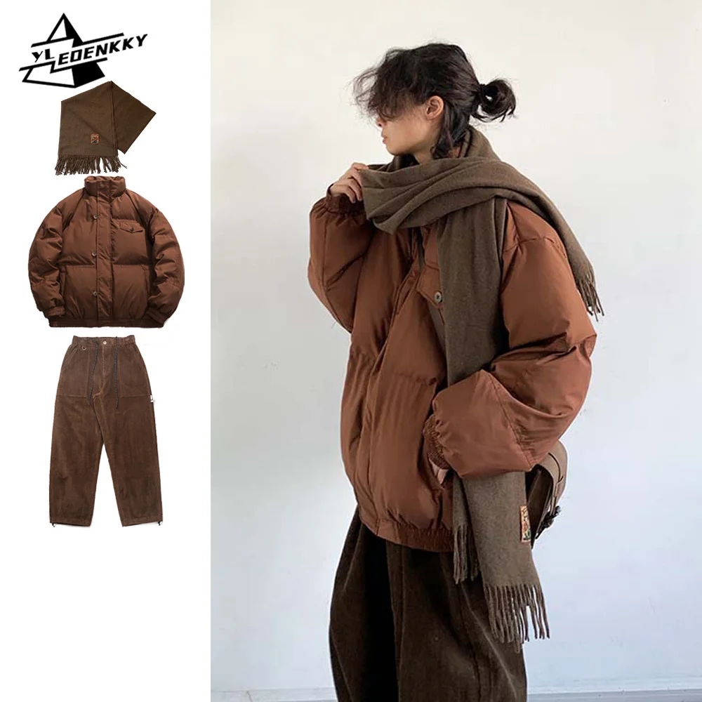 Winter Vintage Set Men Women Thickened Warm Cargo Bread Jacket+Loose Wide-leg Corduroy Casual Pants Street Oversize Unisex Suit