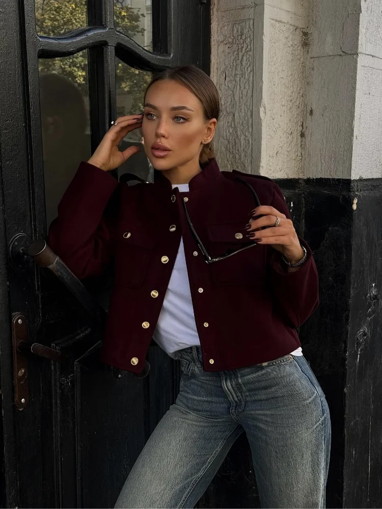 Solid Color Women's Shoulder Pad Gold Button Coat Elegant Single Breasted Pocket Outer Wear New High Street Commute Short Jacket