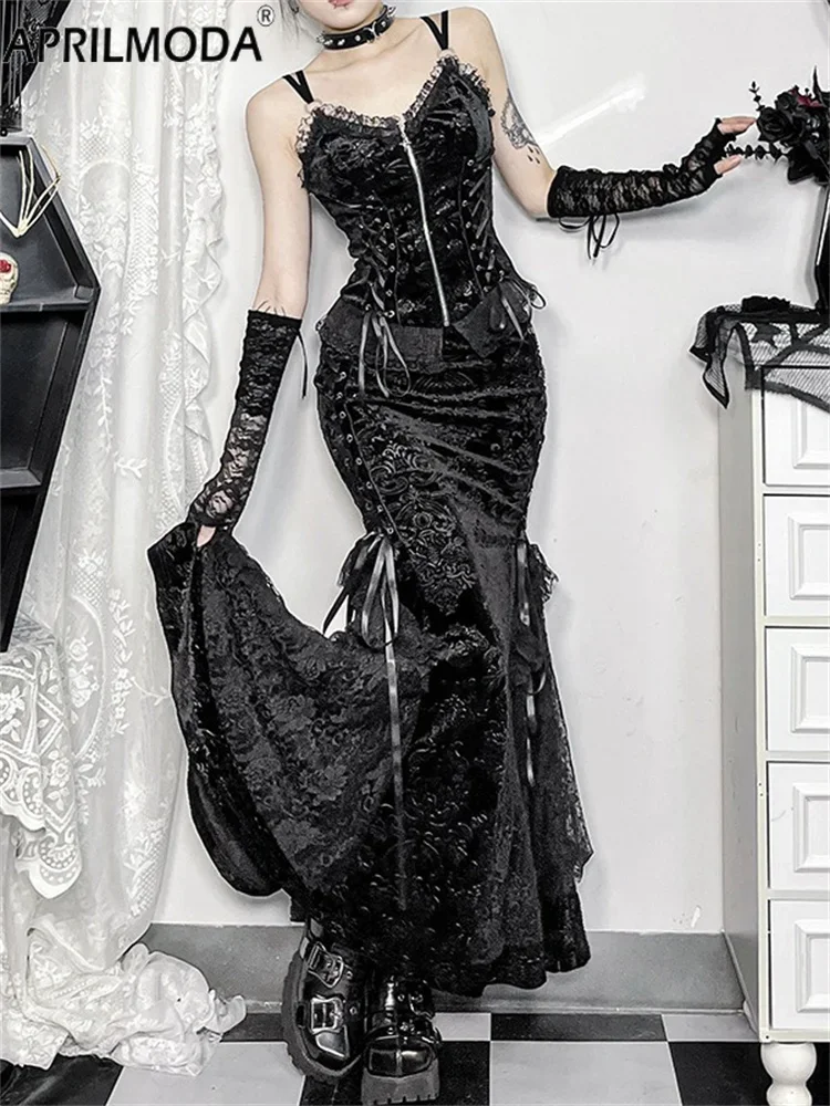 

2025 Autumn 2pcs Grunge Harajuku Sets Lace Irregular Midi Long Mermaid Skirt Velvet Spaghetti Straps Tops Sexy Outfit for Women
