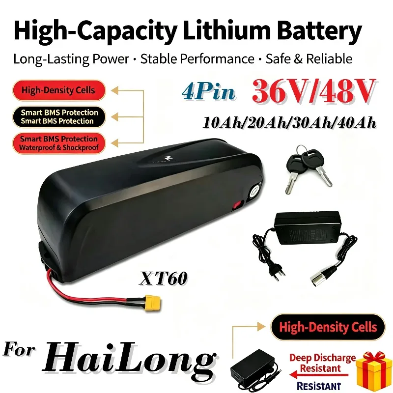 Batterie au lithium Hailong 36V/48V, 10Ah/20Ah/30Ah/40Ah, 250W 1500W, connecteur XT60 à 4 broches, protection intelligente BMS, remplacement de batterie pour vélo électrique, avec chargeur, stock localisé dans l'Union européenne.