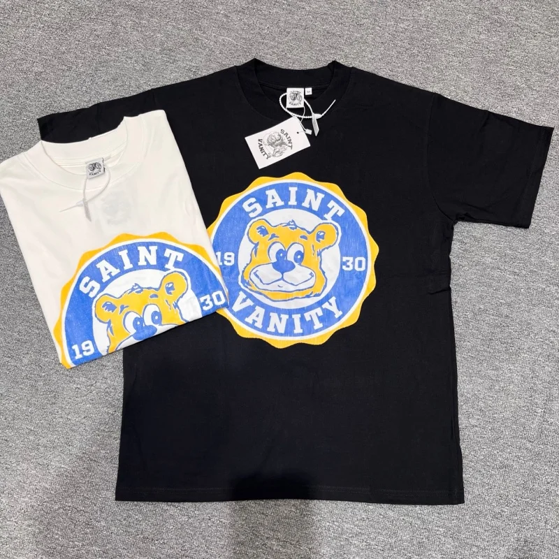Black T Shirt Unisex Vintage Saint Cartoon Bear Badge Graphic Print Cotton Short Sleeve College Streetwear Tee