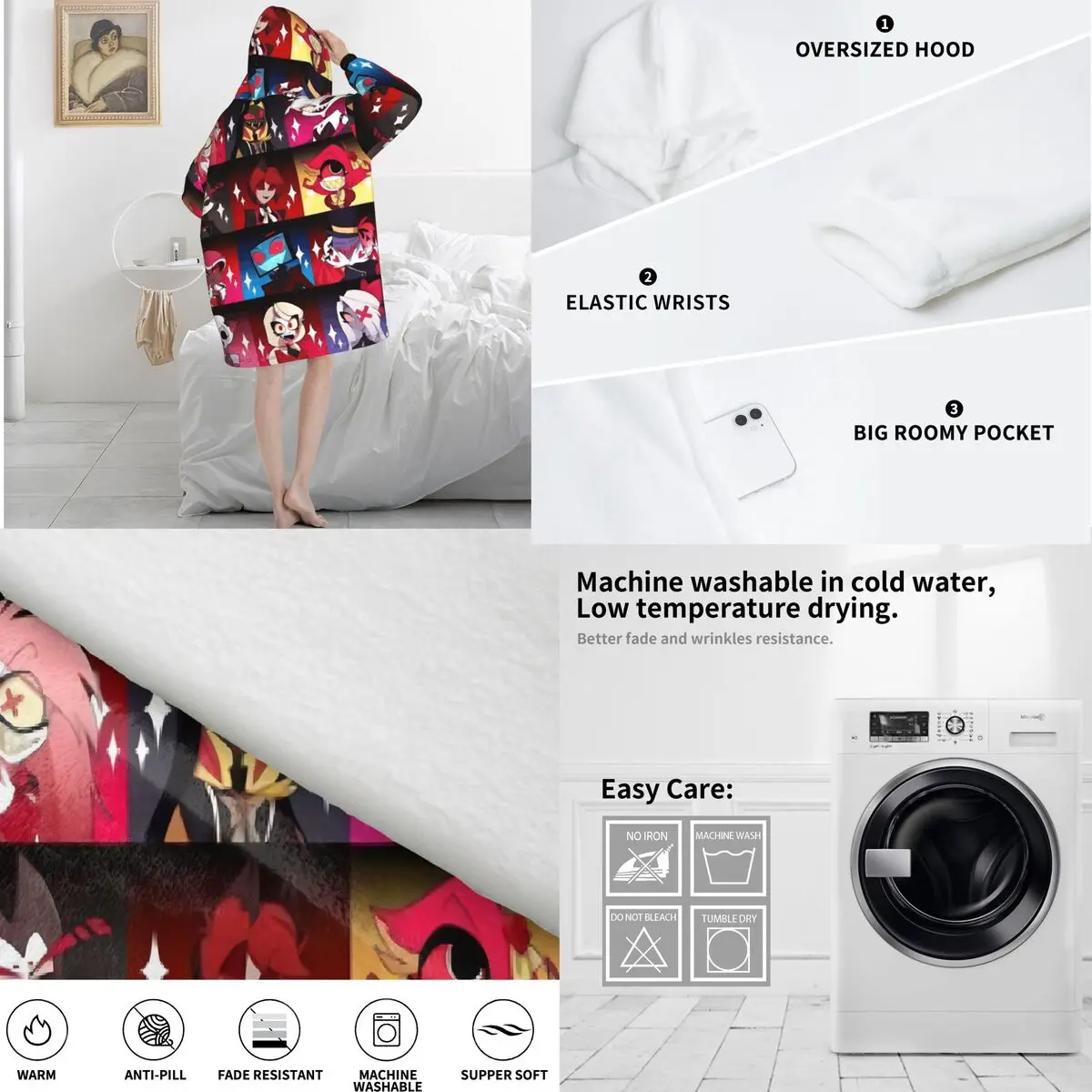 Hazbin hotéis aventuras cobertor com capuz oversized wearable engraçado tv moletom cobertor presentes quentes para mulheres meninas namorada