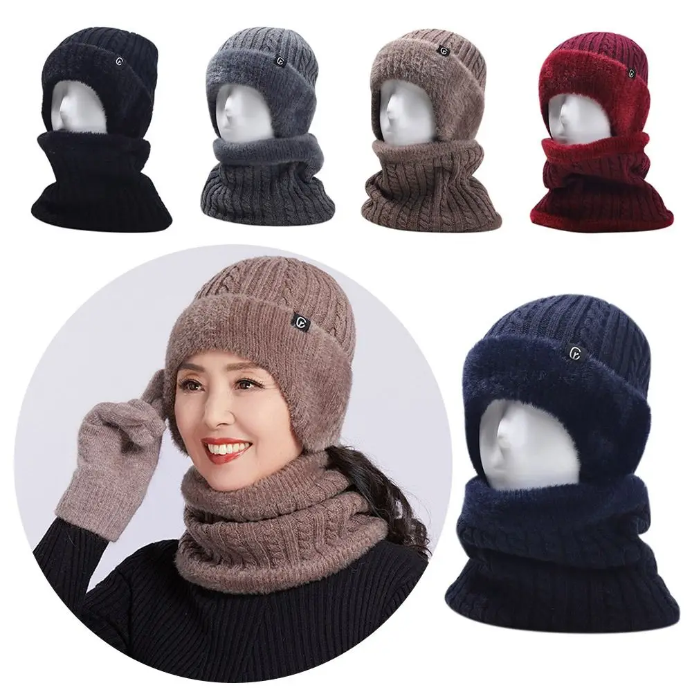 

Plush Knitted Winter Warm Hat Plus Fleece Cold Protection Skullies Beanies Hat Winter Hat Scarf Set Knitted Beanie Ear Flap Cap