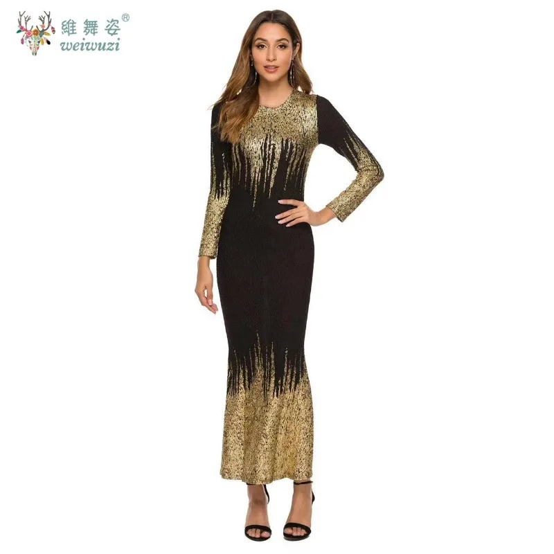 클래식 럭셔리 핫 스탬핑 프린팅 기술 가을 및 겨울 긴 소매 슬림 머메이드 및 발목 길이 이브닝 드레스