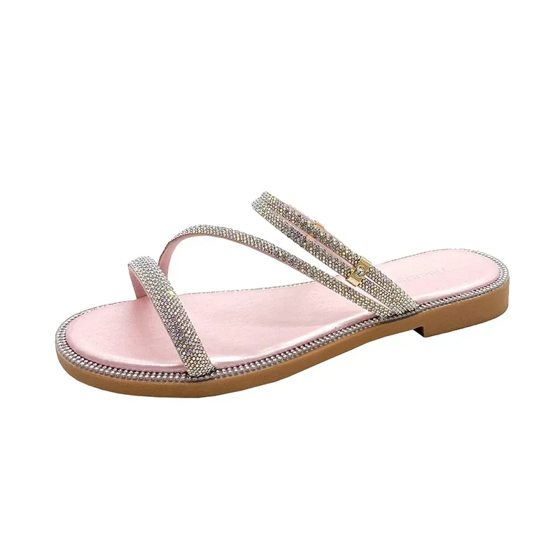 Summer Women\'s Sandals Flats Shiny Rhinestone Slippers Fashionable Women\'s Beach Slippers Slip-on Casual Shoes Slides