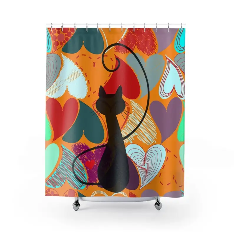 Atomic Cat Retro Hearts Shower Curtain Mid Century Modern Black Cat Kitschy Bathroom Decor, Red, Blue, Orange Retro Hearts Bath