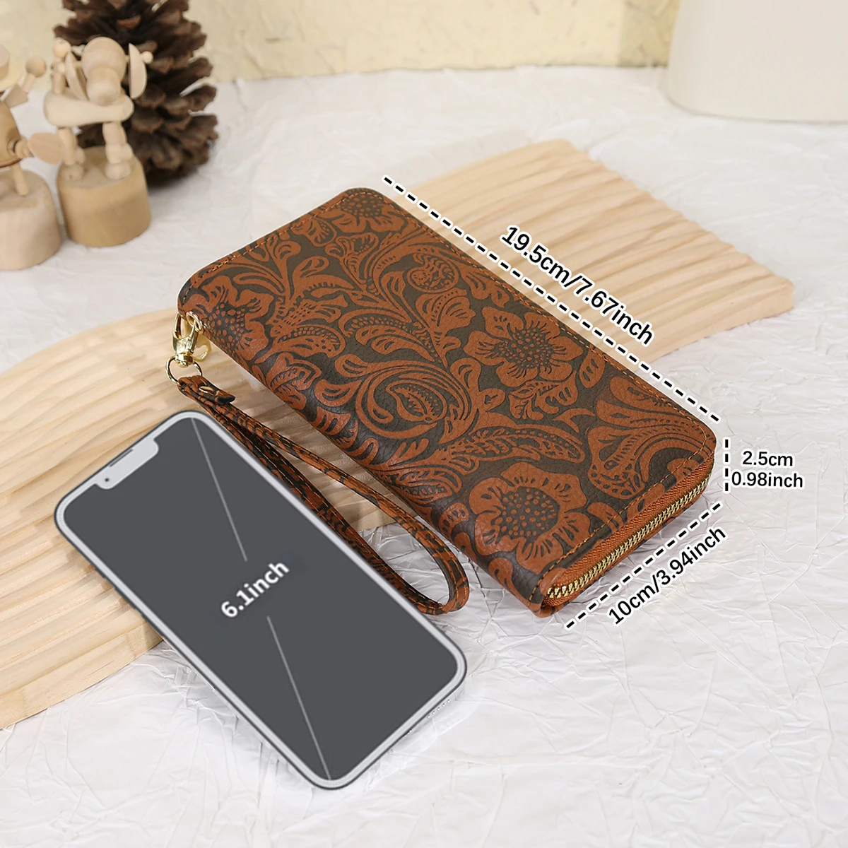 Lange Clutch-Geldbörse im Vintage-Stil mit geprägtem Design, multifunktionalem Reißverschluss, Kreditkarte, Bargeld und Geldbörse.