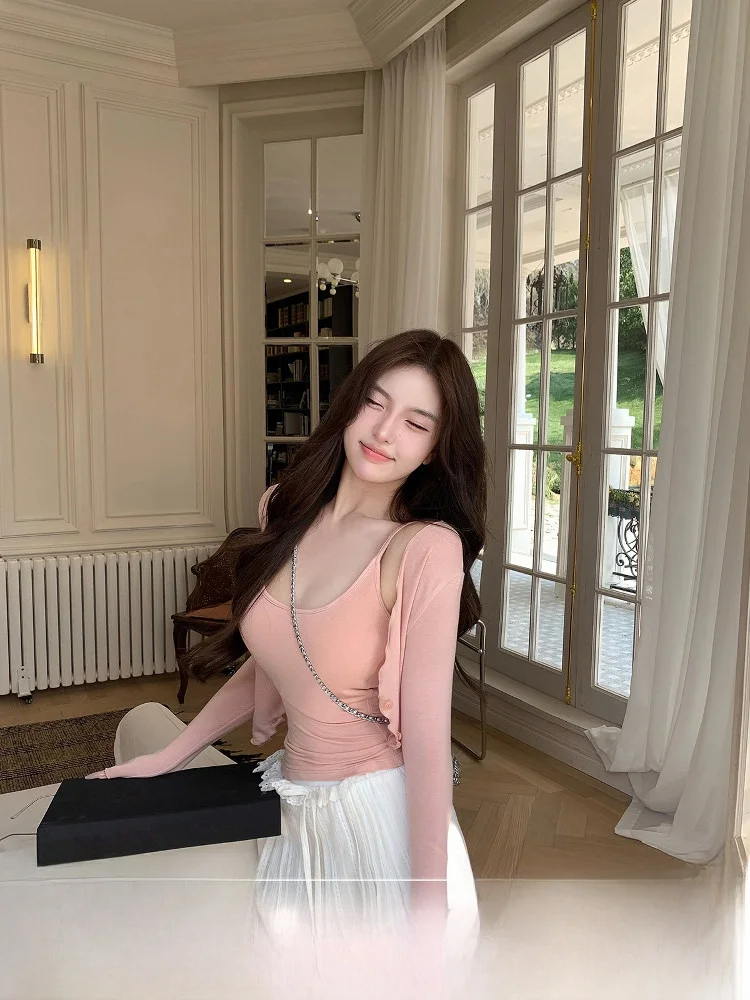 

OYFF Studio Thin Knitted Open Cardigan Women's Outerwear Summer Tank Top Two-Piece Set Versatile Straight Cut Blend Fabric