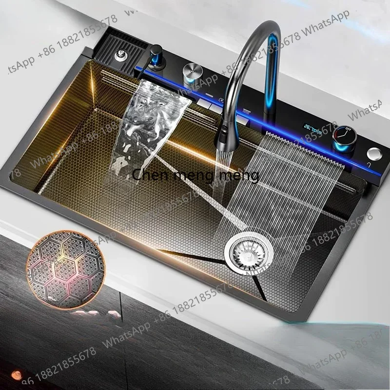 01A High-end thickened whale sink kitchen digital display flying rain large single slot waterfall nano stainless steel basin