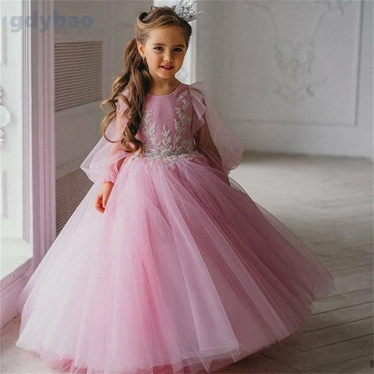 Flower Girl Dresses Puffy Pink Girl Ball Gown Dresses Tulle Flower Baby Baptism First Communion Dress Bow  Girl Wedding