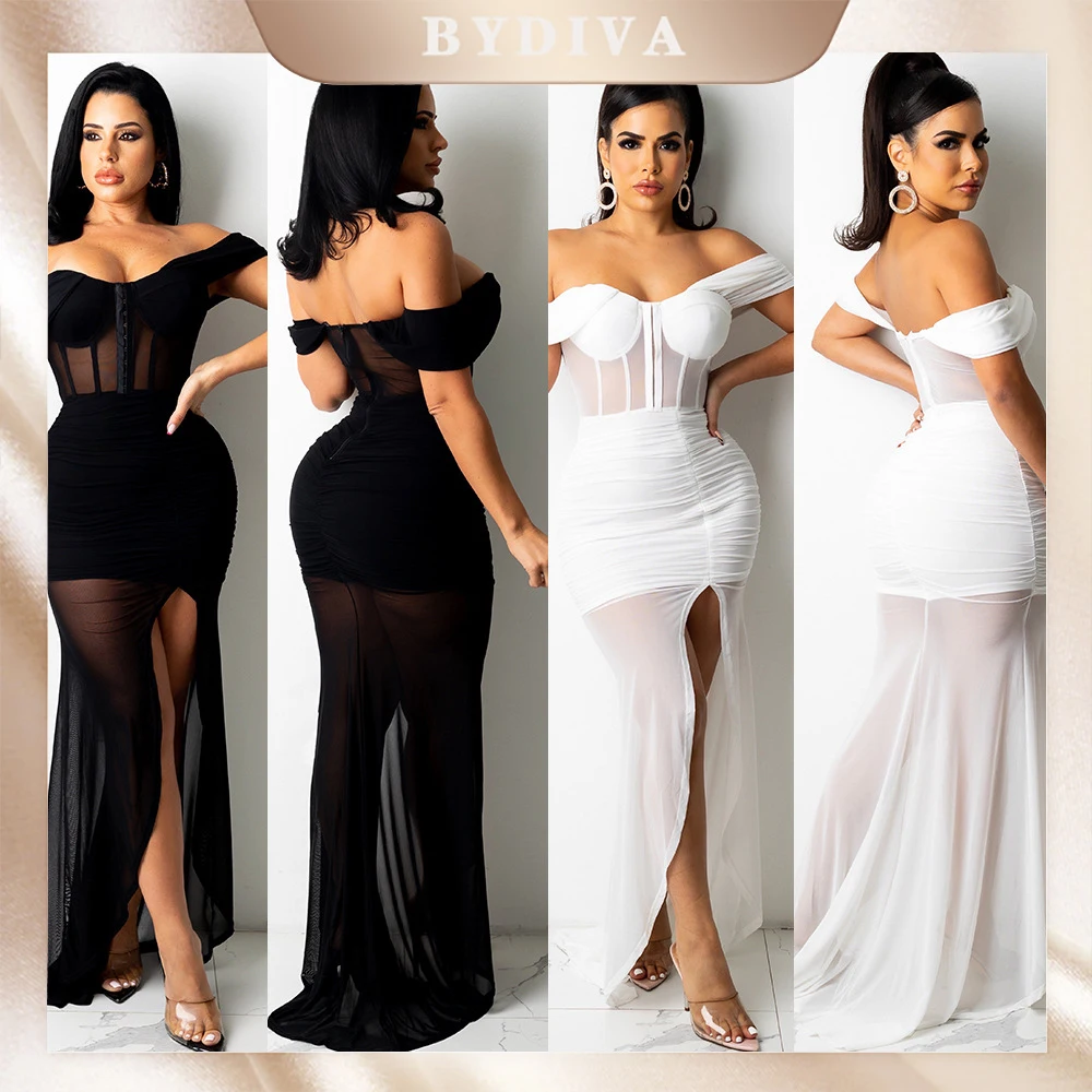 BYDIVA – robe longue transparente en maille pour femmes, épaules dénudées, fente haute, Sexy, Clubwear de nuit