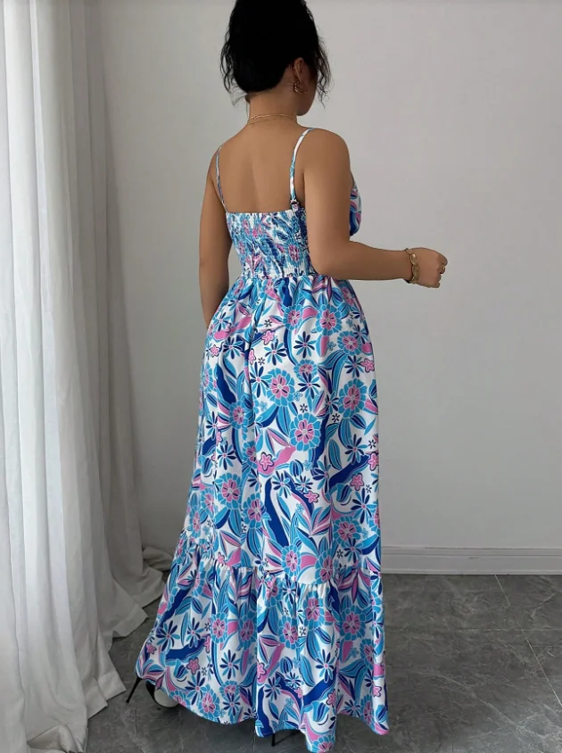Plus Size Women's Floral Print Spaghetti Strap Maxi Dress Summer V-Neck Waist-Cinching Slimming Flared Vacation Dress