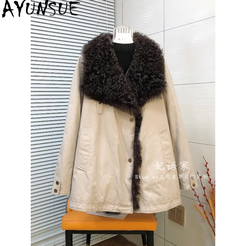 AYUNSUE Women's Down Coats and Parkas Warm Lamb Fur Collar Women Winter Coat Mid-length Casual Fur Down Jacket Woman Clothes