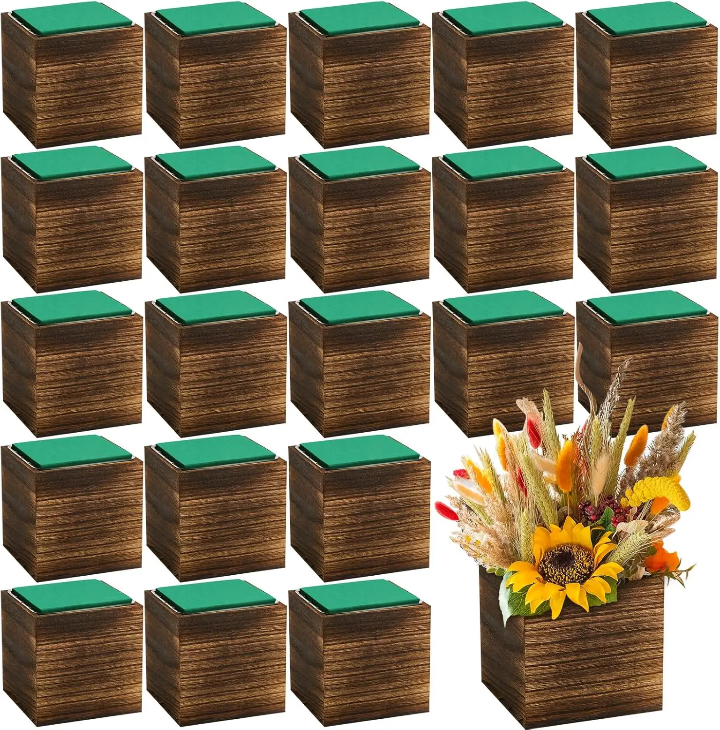24 Set Rustic Wood Cube Planter Box with Plastic Liner and Floral Foam for Home Wedding Garden Decor, Country Style Brown