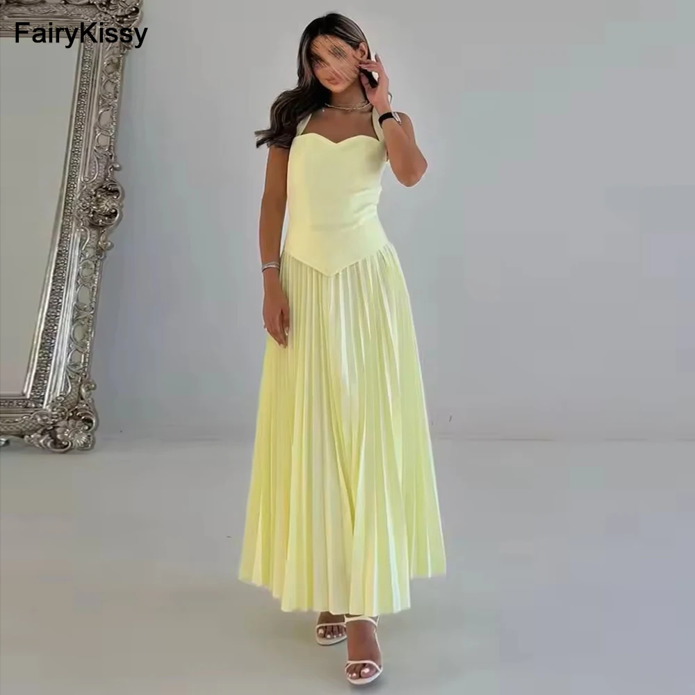 

FairyKissy Yellow Sleeveless A Line Prom Dresses Simple Sweetheart Pleated Ankle Length Evening Dresses Party Dresses