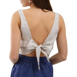 Chic 100% Linen Tank Tops 2026 Summer Sleeveless Back Tie Bow Harajuku Basic Female Top For Girls Camisole Femme