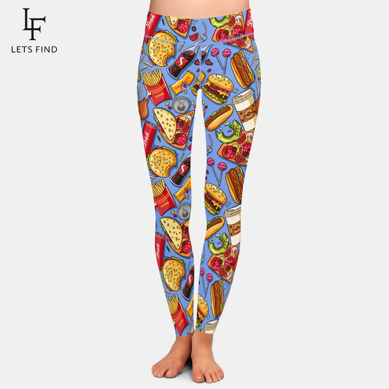 Letsfind leggings moda nova mulher quente cola hambúrguer batatas fritas impressão digital calças de cintura alta calças estiramento leggings