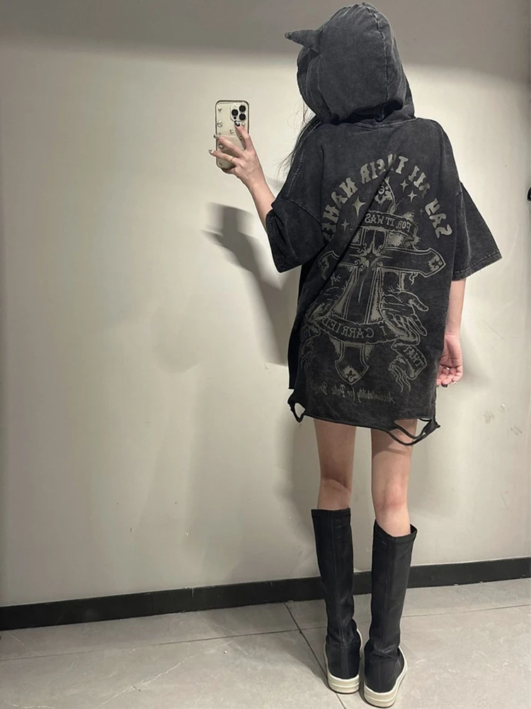 AltGoth Harajuku Gothic Devil Horn T-shirt Women Vintage Streetwear Cyber Punk Y2k Emo Printed Hole Short Sleeve Hooded Tee Tops