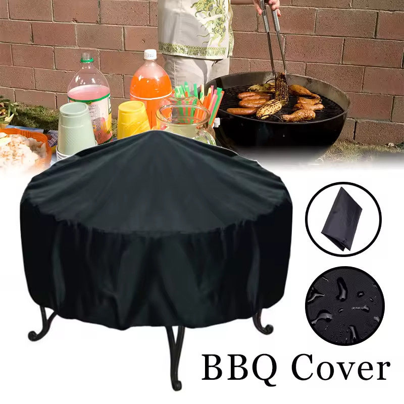 Preto à prova dwaterproof água pátio fogueira capa de mesa redonda acessórios para churrasco grill capa anti-uv poeira chuva churrasco suprimentos