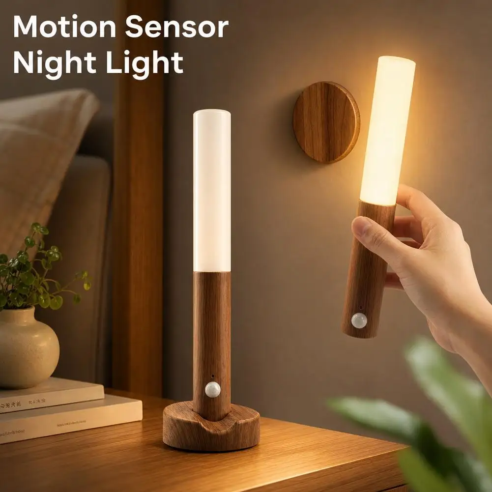 Magnetic Wood Motion Sensor Night Light Rechargeable Wall Sconce Detachable Handheld Torch Lamp Warm LED Light for Hallway
