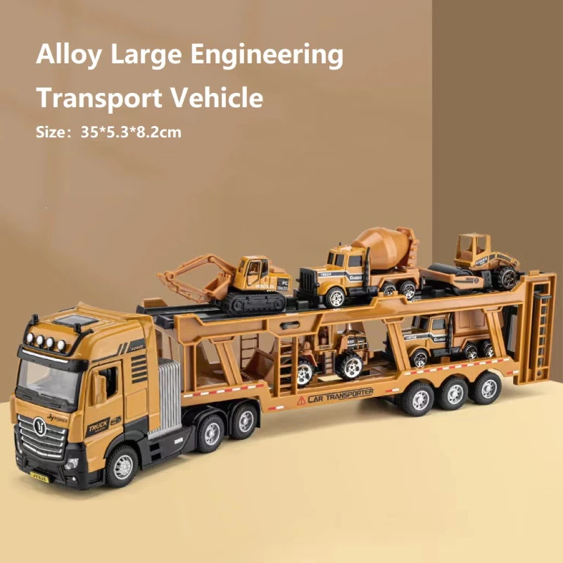 Car Model Alloy Engineering Transport Vehicle Simulation Double Decker Trailer Truck Contain Bulldozer,Dump Truck,Mixer,Roller