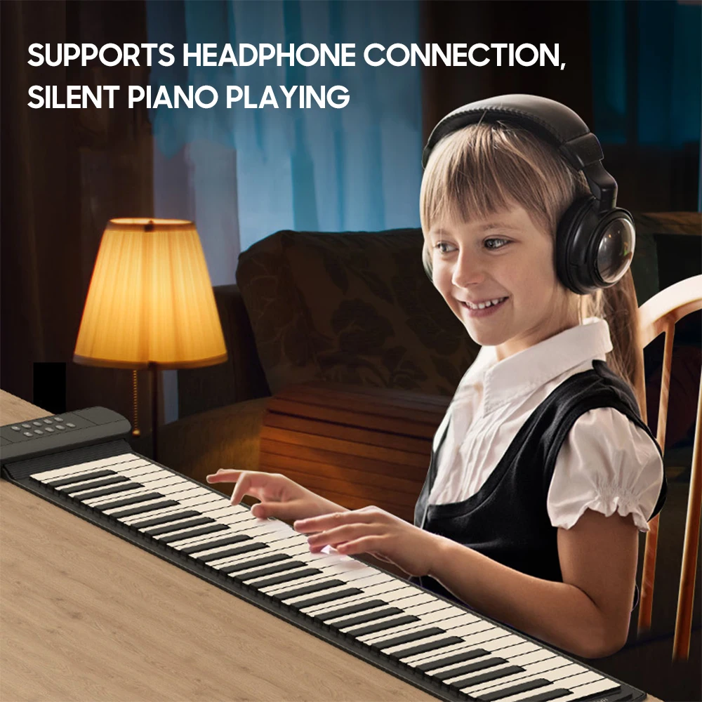 49 Keys Roll Up Piano with Built-in Speaker 16 Tones 6 Demos Supports Recording Sustain Headphone Jack Silent Hand Roll Piano