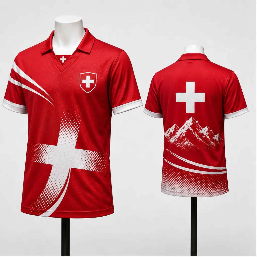 Mens Switzerland Cross Mountain Stripe Graphic Semi Polo V Neck T Shirt Short Sleeve Casual Alpine Sport Jersey Top Street Style